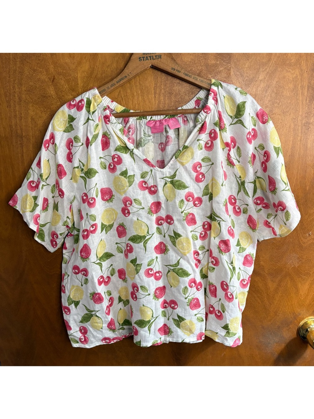 White 100% Linen Fruit Print Blouse Top Strawberry Cherry Lemon Boho 1X Overized